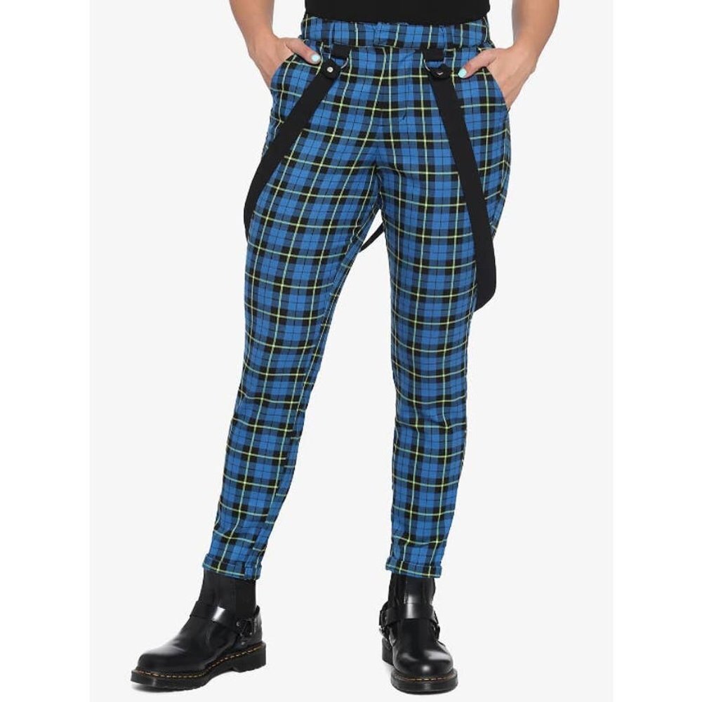 Hot Topic MD Green Plaid Suspender Pants Trousers Punk Cosplay‎ Grunge Goth NEW